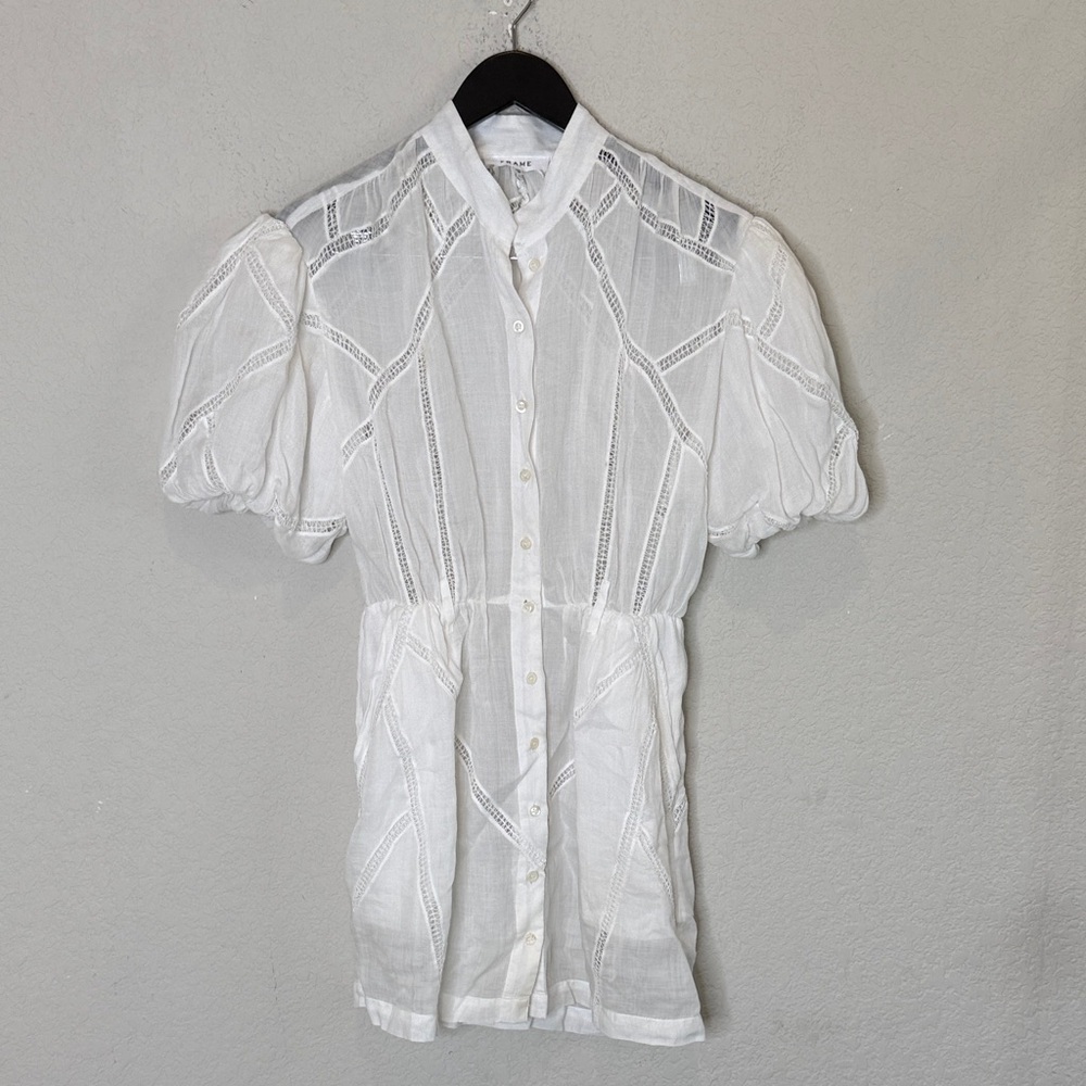 Frame White Button-Up dress with Puff Sleeves XS TP